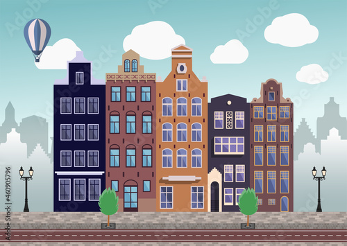 Landscape street in the old city, historic retro houses and buildings in a modern urban environment. Vector illustration in a flat style.