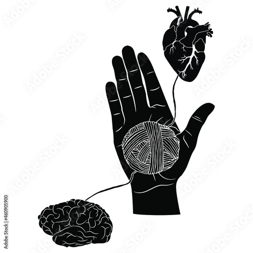 Human hand holding yarn ball with its threads connecting heart and brain. Creative concept. Link between mind and emotions. Unravel conflict. Black and white silhouette.
