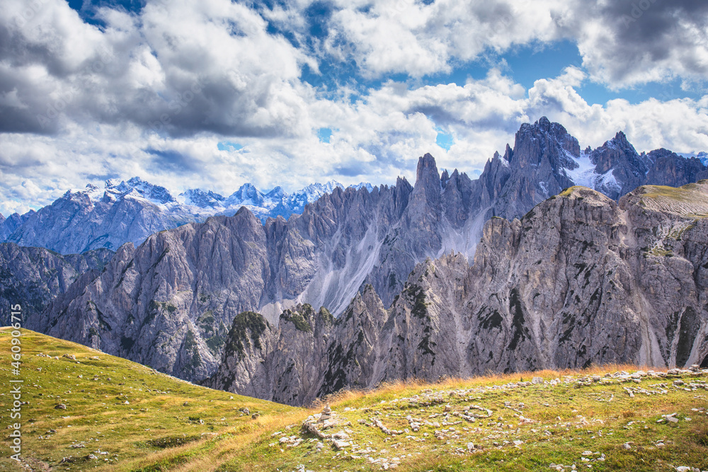 View of the Cadini di Misurina mountain group from the foot of Tre Cime di Lavaredo. A circular route in the Dolomite Alps, Italy. Mountain scenery.