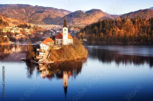 Obraz na płótnie Lake Bled, Julian Alps, Slovenia. Aerial view of the church located on the island. Colorful autumn landscape with the lake on a clear sunny day. w salonie