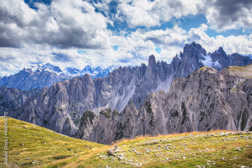 Obraz na płótnie View of the Cadini di Misurina mountain group from the foot of Tre Cime di Lavaredo. A circular route in the Dolomite Alps, Italy. Mountain scenery. w salonie