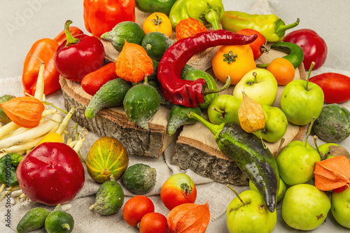 Trendy ugly organic vegetables and fruits on stone concrete background