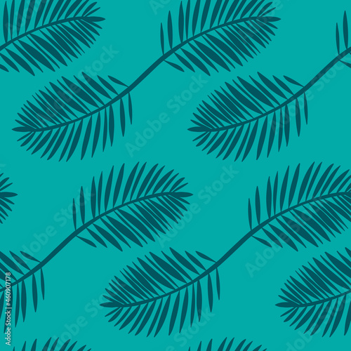 Palm leaf seamless pattern, carved tropical leaf blue green, vector