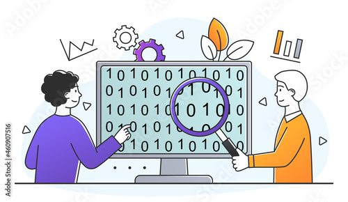 Concept of big data analysis. Men with magnifying glass study binary code. Employees work with information. Company statistics. Cartoon doodle flat vector illustration isolated on white background