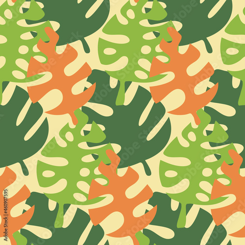 Seamless pattern monstera tropical leaf green yellow, vector