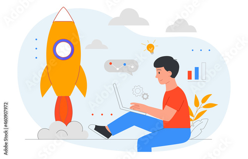 Boy launching rocket. Modern technologies, development of new devices, remote control. Weekend summer hobby activities, invention. Cartoon flat vector illustration isolated on white background