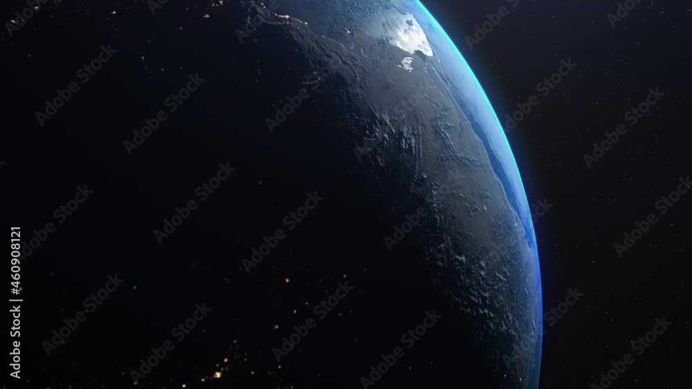 Amazing realistic animation of the earth seen from space, on dark background with moving stars. Sun illuminating the earth. High quality 3D animation. 4K UHD. moving clouds.