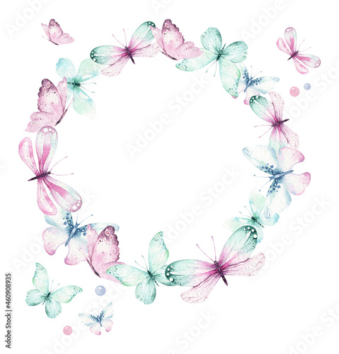 Canvas Print Watercolor colorful butterflies wreath, isolated butterfly on white background