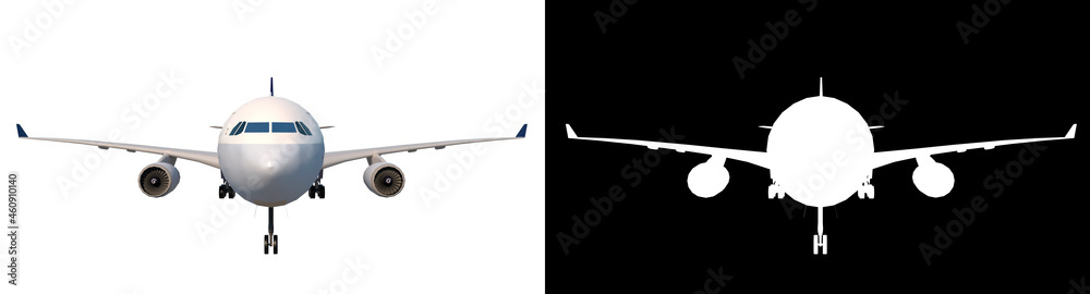 Naklejka premium Airplane 2 - Front view white background alpha png 3D Rendering Ilustracion 3D