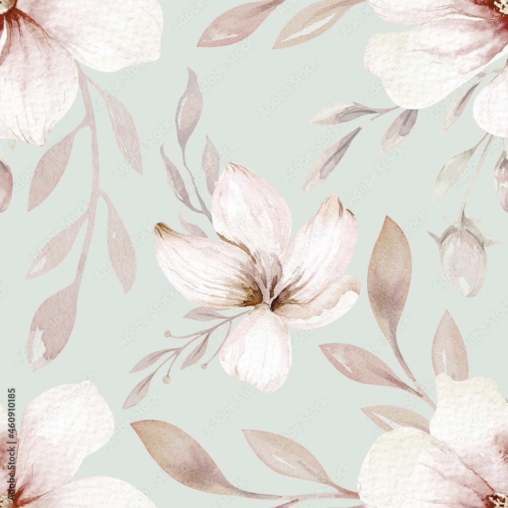 Watercolor floral vintage seamless pattern with feathers, flowers, branches watercolor illustration