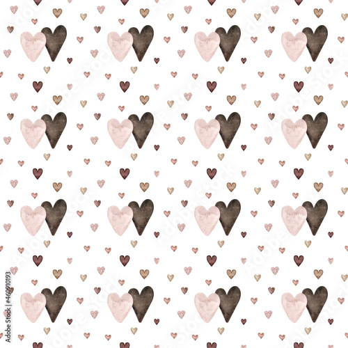 Stylish pattern with watercolor love hearts. Rose and beige seamless background, Digital paper nad textile. Valentine day