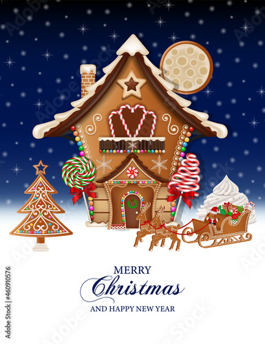 Merry christmas background with gingerbread house and sleigh