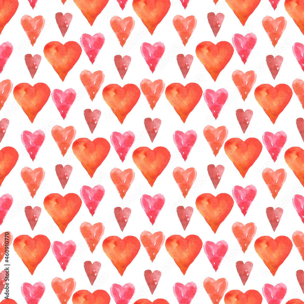 Watercolor hearts seamless pattern. Repeating background with watercolor hearts. Pink hearts seamless pattern.Valentine's day, wrapping paper watercolor hearts design.