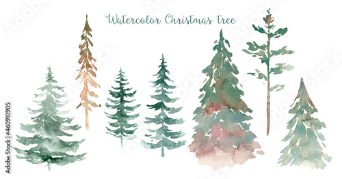 Fir new year Christmas tree set and mountain, landscape. isolated spruces on a light background. Watercolor painting.