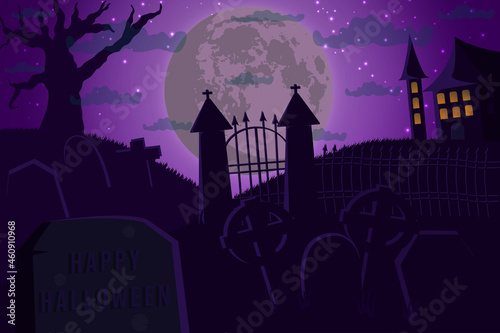 Halloween background with old cemetery gravestones , custle, and spooky leafless trees full moon on night sky vector illustration