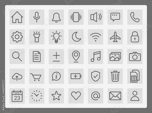UI icons set. Line vector symbols for mobile technologies and web. Editable line thickness. Simple and clear images of the phone, messages, gallery, volume, calendar and other commonly used icons.