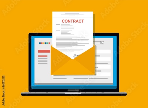 Online electronic documents on laptop vector illustration, flat cartoon paper document with signature on computer screen, concept of digital or internet office, on-line deal, web paperwork 