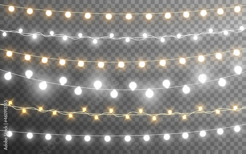 Christmas lights collection. Gold and silver garlands. Realistic luminous elements on transparent backdrop. Light bulbs for greeting card or website. Vector illustration