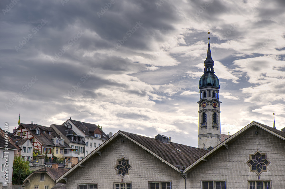 Cityscape of Frauenfeld, Switzerland in sunshine and dramatic clouds in autumn