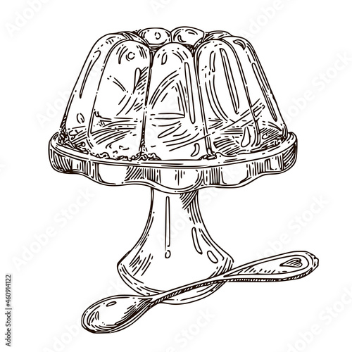 Jelly pudding on a plate. Sketch. ENgraving style. Vector illustration.