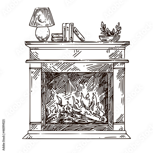 Traditional fireplace with a burning fire. Sketch. Engraving style. Vector illustration.