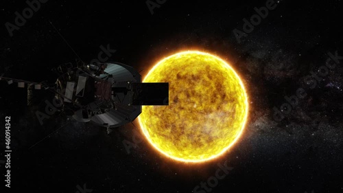 Parker Solar Probe Mission to the sun. Dramatic view of the sun with fire and plazma along the surface. Elements of this video furnished by NASA photo