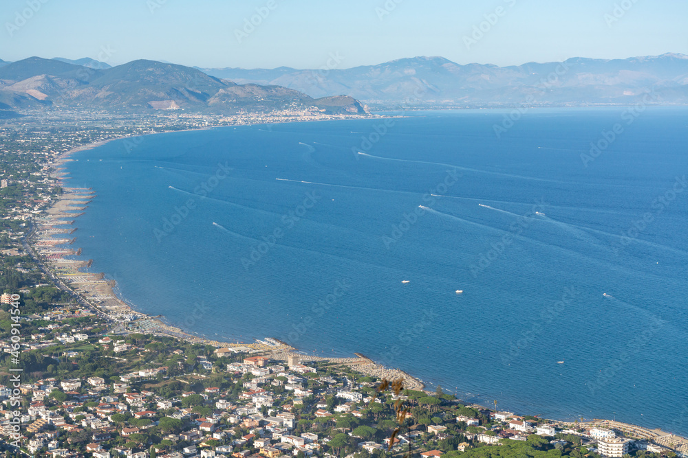 Aerial view San Felice Circeo, Italian city in province Latina on Tyrrhenian sea, tourists vacation destination