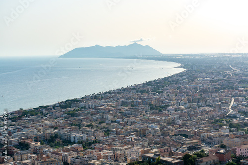 Aerial view on Terracina, mountains and Tyrrhenian Sea bay, ancient Italian city in province Latina