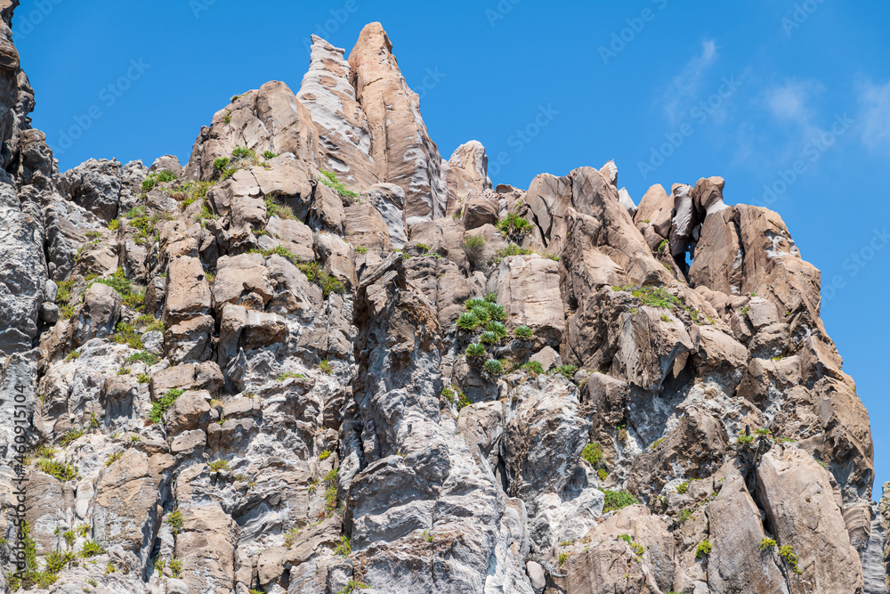 Lipari (Aeolian archipelago), Messina, Sicily, Italy: view of the island of Basiluzzo with vegetation of dwarf palms from Madagascar.