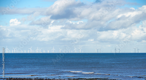 Gwynt y Môr (Sea wind) 576-megawatt offshore wind farm with 160 x 150m high turbines in Colwyn Bay Wales photo