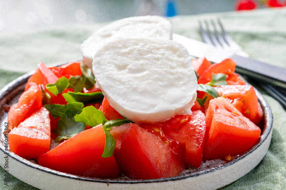 Cheese collection, fresh Italian soft cheese mozzarella di bufal campana served with fresh basil and tomatoes Cheese collection, fresh Italian soft cheese mozzarella di bufal campana served with fresh basil and tomatoes