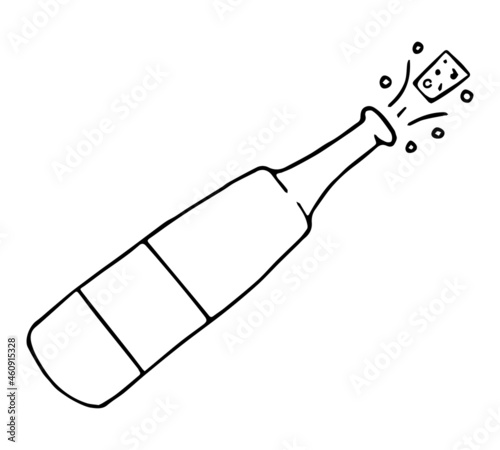 Doodle open bottle of champagne. Cute vector illustration of cork flying from a champagne bottle. Fun clipart for celebration.