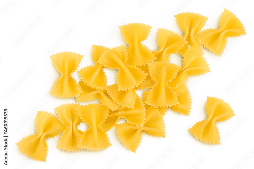 Bow tie pasta isolated on white background with clipping path and full depth of field. Top view. Flat lay.