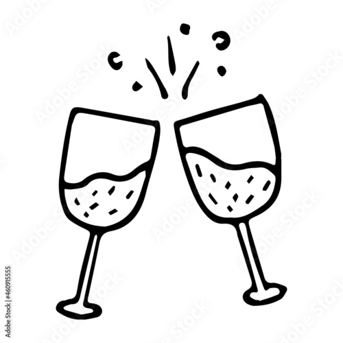 Doodle two clinking glasses. Hand drawn vector illustration with glasses of champagne. Black and white clipart.