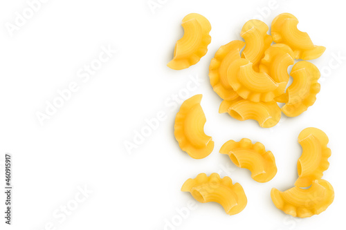 Pasta cornetti creste macaroni isolated on white background with clipping path. Top view with copy space for your text. Flat lay