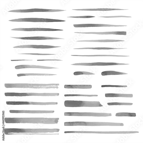 Grey, gray vector watercolor, ink brush strokes set, collection. Uneven lines, stripes, underlines, doodle streaks, smears. Hand drawn watercolour design elements, text backgrounds, brushstrokes.
