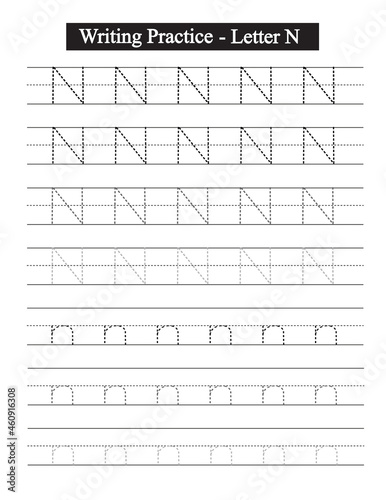 Alphabet tracing worksheet. A-Z writing pages. Handwriting exercise for kids. Printable worksheet.