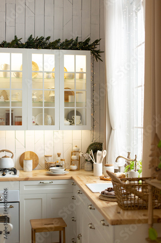 kitchen with bright natural colors. kitchen interior in white © Svetlana