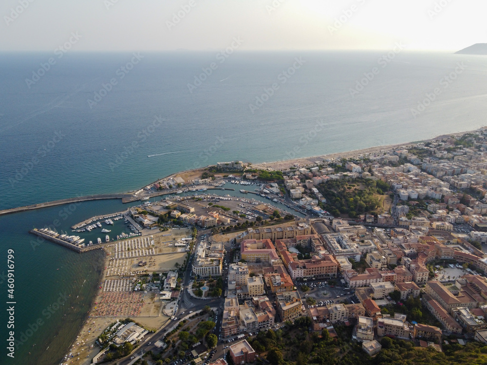Aerial view on Terracina, mountains and  Tyrrhenian Sea bay, ancient Italian city in province Latina