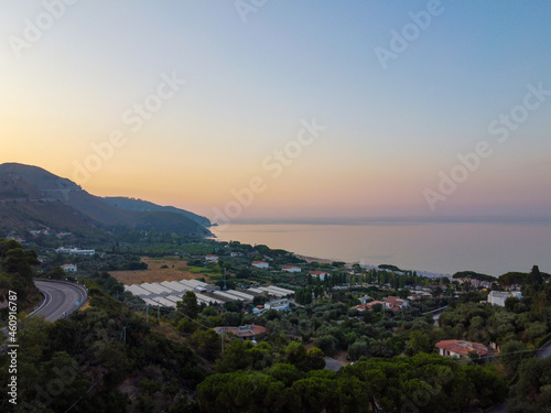 Aerial view on old and new parts of Sperlonga, ancient Italian city in province Latina on Tyrrhenian sea, tourists vacation destination © barmalini