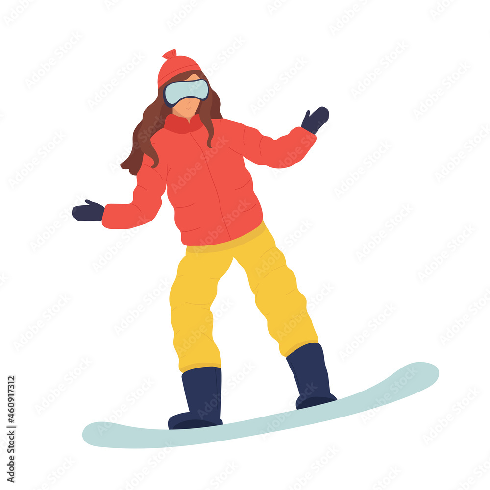 Vettoriale Stock Vector cartoon snowboarder jumping. Young woman or girl on  snowboard. flat winter. Flat vector illustration in cartoon style. sport. |  Adobe Stock