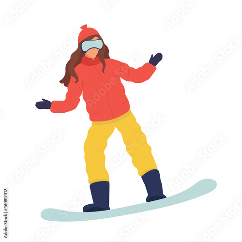 Vector cartoon snowboarder jumping. Young woman or girl on snowboard. flat winter. Flat vector illustration in cartoon style. sport.
