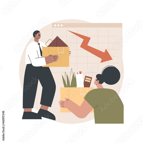 Displaced workers abstract concept vector illustration. Displaced job position, contract cessation, permanent worker laid off, bankrupt company, failed business termination abstract metaphor.
