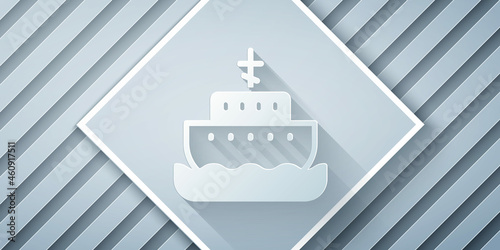 Paper cut Ark of noah icon isolated on grey background. Wood big high cargo. Paper art style. Vector