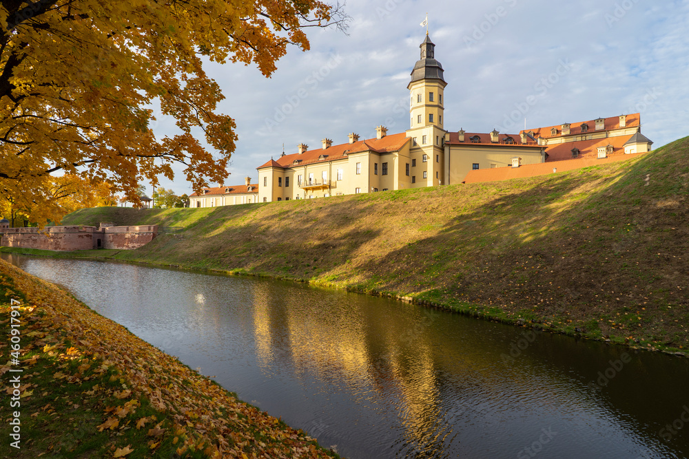Nesvizh, Belarus - October, 2021: Panoramic view of the Nesvizh palace and park ensemble of the Radziwills.