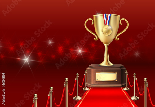 Vector illustration. Winner banner. Golden trophy. Championship.