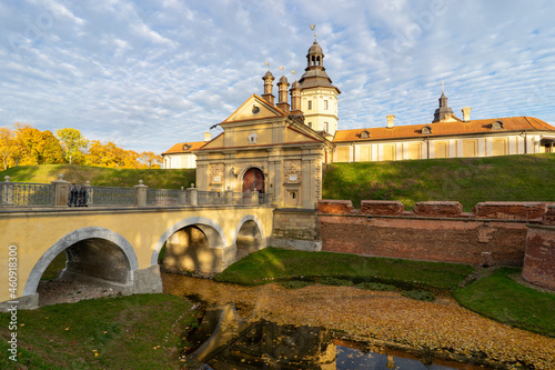 Nesvizh, Belarus - October, 2021: Panoramic view of the Nesvizh palace and park ensemble of the Radziwills.