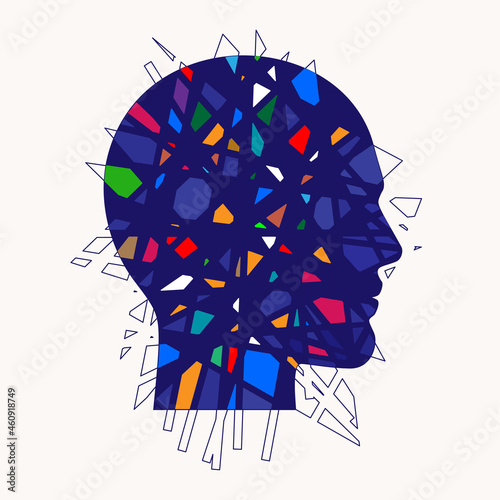 Colorful broken tiles, chaotically scattered in the human head. Mental health awareness, or psychological illness conceptual vector illustration.