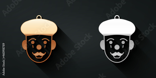 Gold and silver French mime icon isolated on black background. Long shadow style. Vector