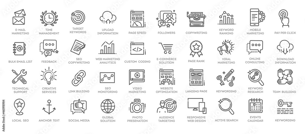 Outline web icons set - Search Engine Optimization. Thin line web icon collection. - obrazy, fototapety, plakaty 
